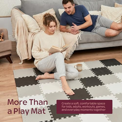 Foam Play Mat for Floor - 36 Interlocking Tiles 71x71 in, 0.6" Thick Puzzle Mat for Baby, Toddler & Home Gym, Cross-Texture EVA Foam, Edge Borders Included, Black White Gray