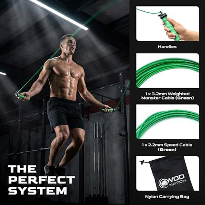 Attack Speed Jump Rope Adjustable Dual-Cable Skipping Rope for Men, Speed & Weighted Options, Fast Fold-Over Adjustment Durable Adult Boxing Rope for Fitness, Cardio Home Gym & Cross Training - Green