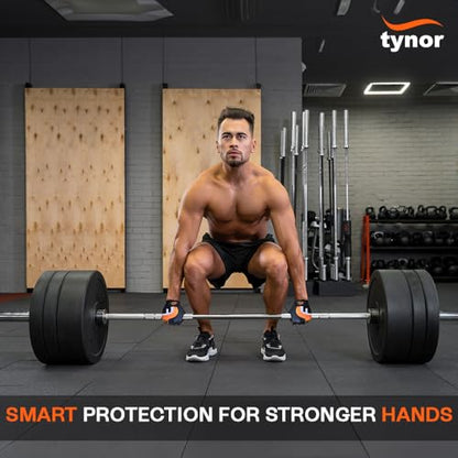 TYNOR Training Gym Gloves Padded Weight Lifting Gloves with Wrist Wrap Extra Grips Adjustable Full Palm Protection Fitness Fingerless Glove for Men & Women, Crossfit, Climbing,1 Pair