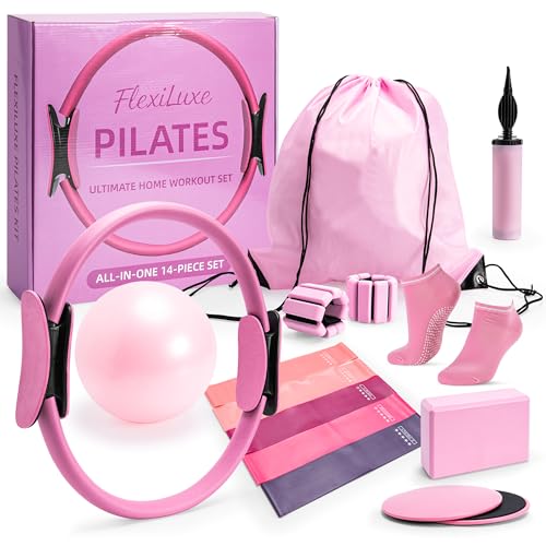 14-Piece Pink Pilates Kit for Women | Yoga Blocks | Magic Circle | Pilates Ball | Ankle Weights | 5 Resistance Bands | Pilates Sliders | At Home Pilates Kit | Beginner Pilates Equipment Set