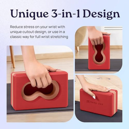Deep-Zen® Yoga Blocks Wrist Support; Yoga Blocks 2 Pack with Knee Pads and Strap to Put Less Weight on Wrists; Durable, Versatile Yoga Brick Exercise Block Set, Blocks Yoga - color: Red