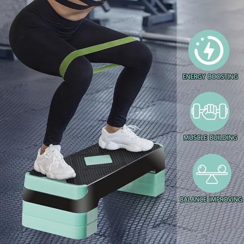 26.5" Aerobic Step Platform, Adjustable Height Exercise Workout Stepper, Stackable Risers Stepper for Exercise at Home Gym Workouts Fitness Equipment, Green