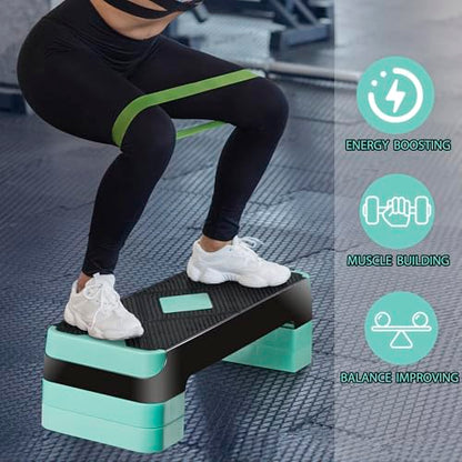 26.5" Aerobic Step Platform, Adjustable Height Exercise Workout Stepper, Stackable Risers Stepper for Exercise at Home Gym Workouts Fitness Equipment, Green