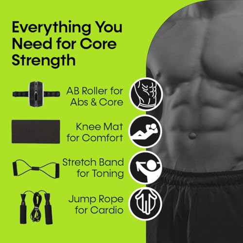 Ab Roller Wheel – 4-in-1 Ab Roller Kit with Knee Mat, Jump Rope & Resistance Band – Core & Abs Workout Equipment for Home Gym – Abdominal Exercise Wheel for Men & Women