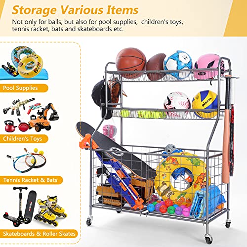 Kinghouse Rolling Sports Equipment Organizer with Wheels, Garage Ball Storage Rack for Basketball, Toys, for Garage, Indoor, Gym, Outdoo, Includes Metal Storage Bin, Bat Holder, Hooks