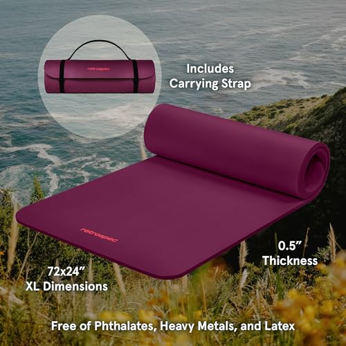 Retrospec Solana Yoga Mat Thick 1/2in Non-Slip Workout Mat with Nylon Strap - 72x24in Exercise Mat for Pilates, Stretching & Fitness - BPA Free, Easy Clean - color: Boysenberry
