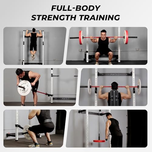 Mikolo 2" x 2" Folding Wall Mounted Squat Rack, 1000 Pounds Capacity Power Rack with Pull Up Bar, J Hooks and Other Attachments, Space-Saving Home Gym - color: White, style: Squat Rack with Safety Catches