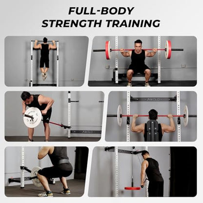 Mikolo 2" x 2" Folding Wall Mounted Squat Rack, 1000 Pounds Capacity Power Rack with Pull Up Bar, J Hooks and Other Attachments, Space-Saving Home Gym - color: White, style: Squat Rack with Safety Catches
