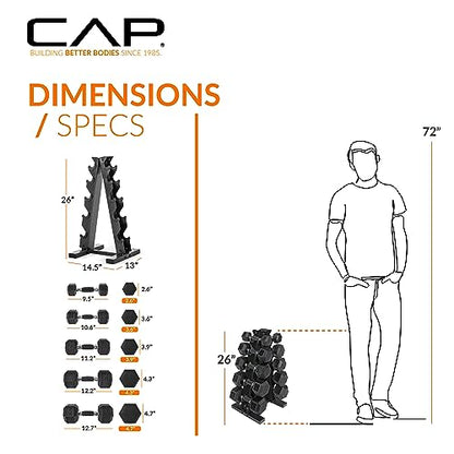 CAP Rubber Coated Dumbbell Weight Set with Vertical Rack | 100 lb, 150 lb, and 210 lb Options - size: 150 lb - Set, style: Comfort Handle