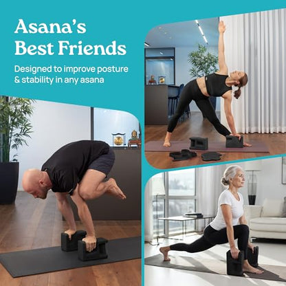 PRO Yoga Blocks | Ergonomic Yoga Block 2 Pack for Wrist Comfort and Support | EVA Foam Exercise Blocks, 2x Knee Pads & Yoga Strap | Pilates Block Set | Bricks to Eliminate Wrist Pain - color: Black