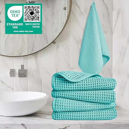 POLYTE 430 GSM Poly Blend Microfiber Quick Dry Waffle Hand Towel, 16x30 in - color: Aqua