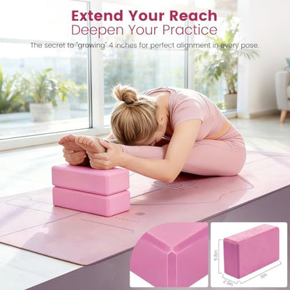 Foldable Yoga Mat and Blocks Set for Women with 2 Pack Yoga Blocks and Strap,Thin Non Slip Pilates Mat with Bag, Home Workout Equipment Essentials Starter Kit for Beginners Full Body Toning - color: Pink