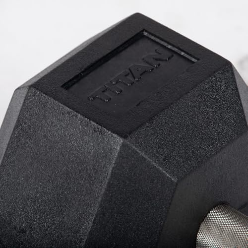 Titan Fitness 65 LB Pair Free Weights, Black Rubber Coated Hex Dumbbell, Straight Stainless Steel Handle, Strength Training, Full Body Workout