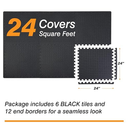Mat Block Interlocking Foam Tiles Puzzle Mats for Floor 24 SQ FT, 1/2 inch, 6 Tiles, EVA Gym Mat Flooring Exercise Equipment Mat for Home Gym Equipment, Black, 6pcs