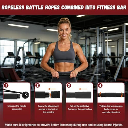 Portable Ropeless Battle Ropes, 2-in-1 Heavy Duty Cordless Battle Ropes for Home Gym (Convertible to Fitness Bar), Strength Building Workout Ropes, Low-Impact Aerobic Training and HIIT for Men & Women