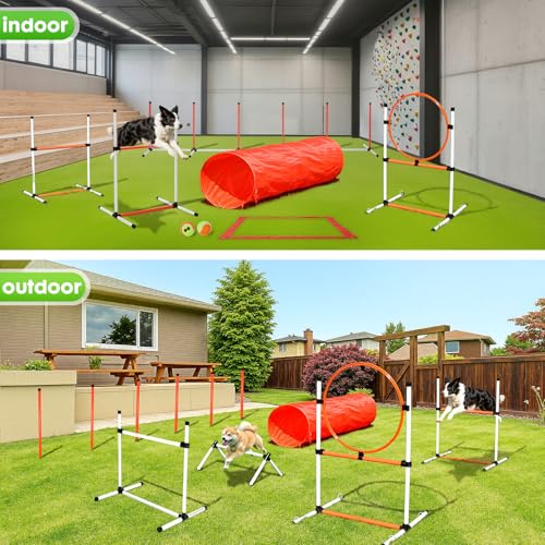 Dog Agility Course Backyard Set, Dog Agility Equipment, Pet obstacle Course Backyard with 6 Dual Mode Weave Poles, 2 Adjustable Hurdle, Jump Ring, Tunnel, Pause Box, Toy Balls and 2 Carrying Bags - size: 15 PCS SET