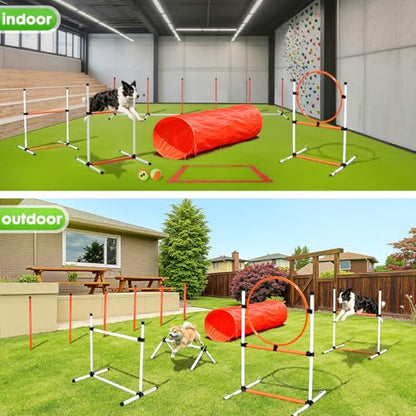 Dog Agility Course Backyard Set, Dog Agility Equipment, Pet obstacle Course Backyard with 6 Dual Mode Weave Poles, 2 Adjustable Hurdle, Jump Ring, Tunnel, Pause Box, Toy Balls and 2 Carrying Bags - size: 15 PCS SET
