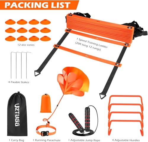 Soccer Training Equipment, Speed Agility Training Equipment for Youth Adults, 20ft Agility Ladder, 4 Hurdles, Jump Rope, 12 Cones, Running Parachute, Basketball Football Training Equipment