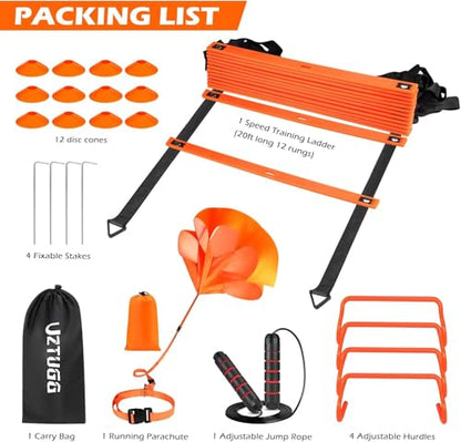 Soccer Training Equipment, Speed Agility Training Equipment for Youth Adults, 20ft Agility Ladder, 4 Hurdles, Jump Rope, 12 Cones, Running Parachute, Basketball Football Training Equipment