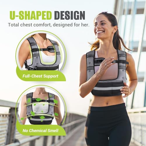 Adjustable Weighted Vest for Women, 6-12lb U-Shaped Weight Vest with 6 Iron Sand Bags, Rucking Vest with Extended Shoulder Pads & Plus Pockets for Running, Walking and Strength Training