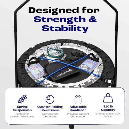 Maximus PRO Folding Rebounder Fitness Trampoline | Voted #1 Indoor Mini Exercise Trampoline for Adults with Bar | Best Home Gym for Fitness & Lose Weight | Free Storage Bag, Resistance Bands, Awesome