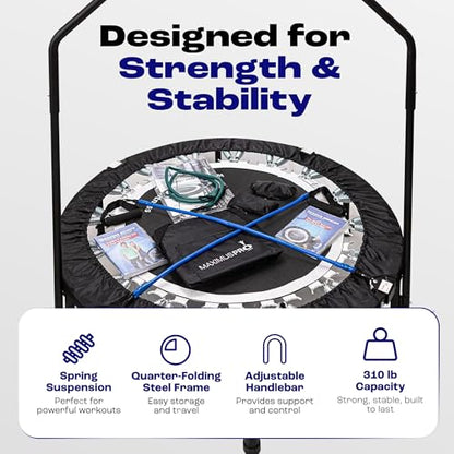 Maximus PRO Folding Rebounder Fitness Trampoline | Voted #1 Indoor Mini Exercise Trampoline for Adults with Bar | Best Home Gym for Fitness & Lose Weight | Free Storage Bag, Resistance Bands, Awesome