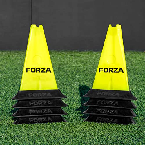 FORZA Pro 12in Tri Marker Cones - Set of 4 or 8 with Optional Rubber Bases for Pro-Grade Training - color: Fluro Yellow, size: Pack of 8, style: With Bases
