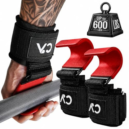 Weight Lifting Hooks (Pair) for Deadlifts, Pull Ups, Rows & Shrugs - Heavy Duty Gym Hooks with 8mm Padded Wrist Straps, Secure Grip Support for Weightlifting, Powerlifting & Strength Training - color: Red