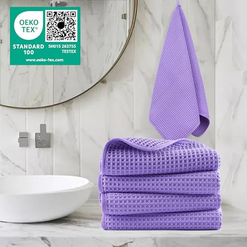 POLYTE 430 GSM Poly Blend Microfiber Quick Dry Waffle Hand Towel, 16x30 in - color: Purple