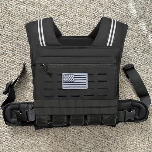 KRYLIX Adjustable Weighted Vest 0-40 lbs with Front Storage Pocket Solid Removable Iron for Muscle Building Workout Secure Waist Fit for Men Man Camo Tactical Military - color: Black