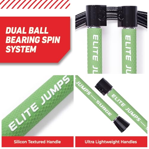 Elite Jumps Surge Professional Speed Rope for Double Unders - Patented Dual Bearing Ultra Light-Weight Handle for Premium Spin Control and Kink-Resistant Cable for fast Speed Jump Rope - color: Neon Green