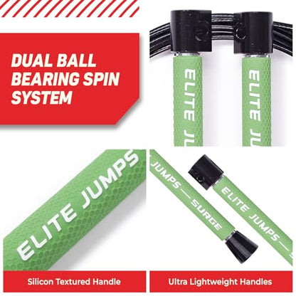 Elite Jumps Surge Professional Speed Rope for Double Unders - Patented Dual Bearing Ultra Light-Weight Handle for Premium Spin Control and Kink-Resistant Cable for fast Speed Jump Rope - color: Neon Green