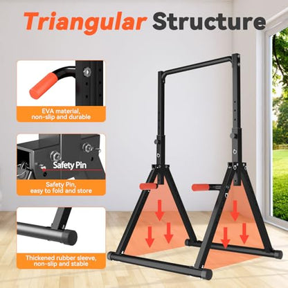 Power Tower Pull Up Dip Station Foldable, Pull Up Bar Station Adjustable, Multi-Function Home Gym, Strength Training Fitness Equipment, Triangular Design, for Home Outdoor - color: Black