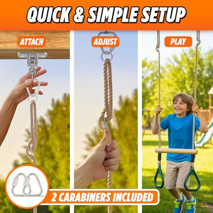 Wooden Trapeze Swing Bar for Kids - 18" Adjustable Height Monkey Bars Rings Swingset Accessories - Ninja Warrior Obstacle Course for Kids - Jungle Gym Accessories Playground Attachments