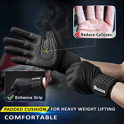 ihuan Workout Gloves for Men Full-Finger: Weight Lifting for Men, Gym Full Hand Gloves for Weightlifting, Deadlift - size: Large