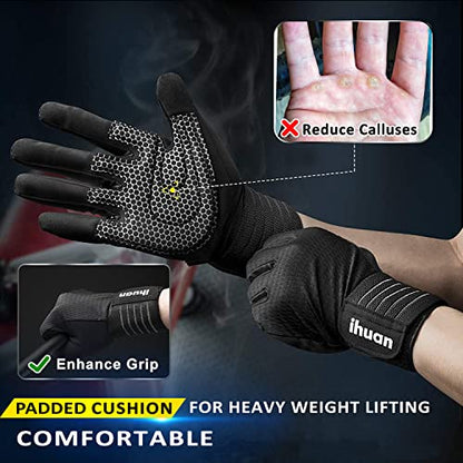 ihuan Workout Gloves for Men Full-Finger: Weight Lifting for Men, Gym Full Hand Gloves for Weightlifting, Deadlift - size: Large