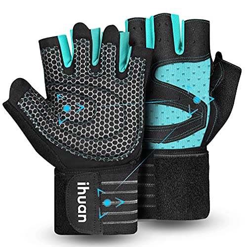 ihuan Ventilated Weight Lifting Gym Workout Gloves with Wrist Wrap Support for Men & Women, Full Palm Protection, for Weightlifting, Training, Fitness, Hanging, Pull ups - color: Green, size: Large