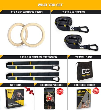 Wood Gymnastics Rings with Quick Adjust Numbered Straps and Exercise Videos Guide - Full Body Workout Rings, Calisthenics, Home Gym (Multi-Size)