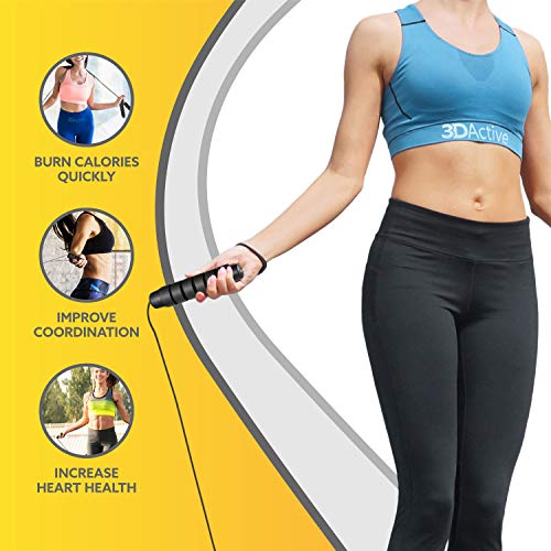 3DActive Jump Rope, Tangle-Free Adjustable Skipping Rope with Ball Bearings. Perfect for Home Workouts, Cardio Exercise & Burning Calories. Cordless Jump Rope, Handle Weights & Carry Bag Included - Black