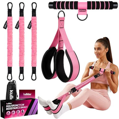 Upgraded Multifunction Pedal Resistance Band with Handle, 3 Tube Adjustable Resistance Bands, Full Body Fitness Exercise Equipment for Abdomen, Waist, Arm, Core/ABS, Leg, Physical Therapy (Pink)