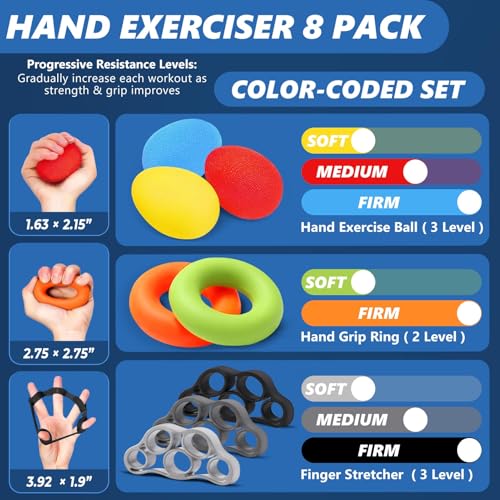 Grip Strength Trainer (8 Pack), Forearm Strengthener, Stress Balls for Adults, Hand Strengthening Devices, Wrist Finger Strengthener, Physical Therapy Exercise Equipment, Golf Baseball Climbing