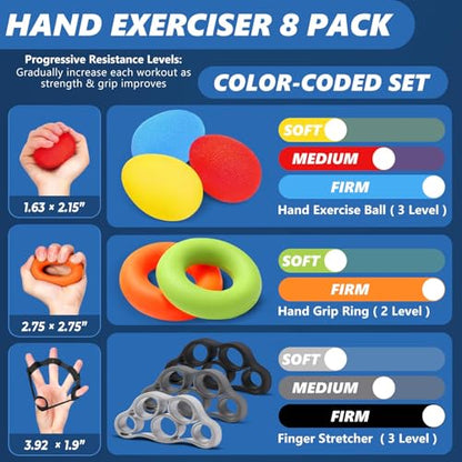 Grip Strength Trainer (8 Pack), Forearm Strengthener, Stress Balls for Adults, Hand Strengthening Devices, Wrist Finger Strengthener, Physical Therapy Exercise Equipment, Golf Baseball Climbing