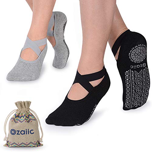 Ozaiic Pilates Socks for Women Non Slip Grip Yoga Barefoot Indoor Workout - color: 2p- Black/Gray