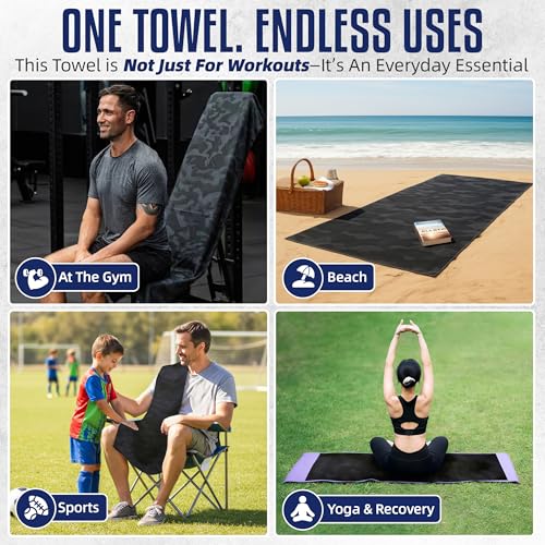 Hooded Microfiber Gym Towel – Highly Absorbent Car Seat Towel with Carry Bag – Double-Sided Sweat Towel, Reversible, Quick Dry & Sand-Resistant Fabric, Camouflage, 130 x 60cm