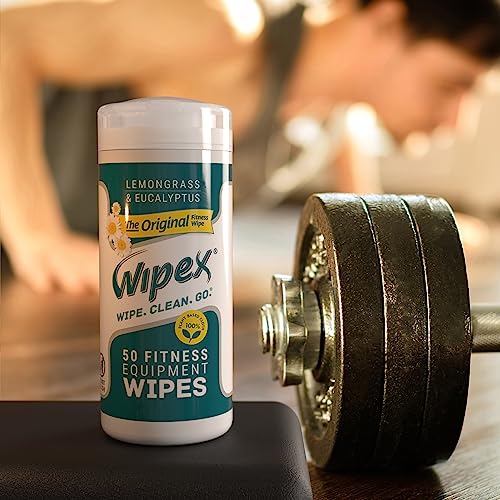 Wipex Fitness Equipment Wipes - EWG Verified - 50 Ct Original Natural Plant Based Gym Wipes for Equipment, Clean Surfaces at Home or Gym, Use as a Yoga Mat Cleaner, Lemongrass, Eucalyptus & Vinegar