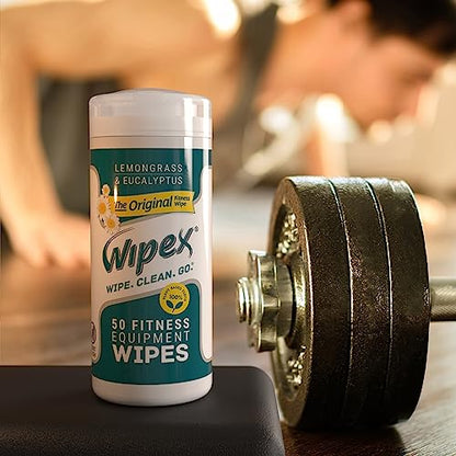 Wipex Fitness Equipment Wipes - EWG Verified - 50 Ct Original Natural Plant Based Gym Wipes for Equipment, Clean Surfaces at Home or Gym, Use as a Yoga Mat Cleaner, Lemongrass, Eucalyptus & Vinegar