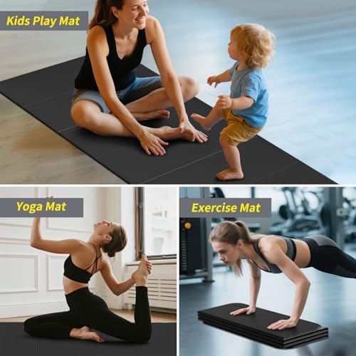 Foldable Extra Large Yoga Mat 74"×31.5", 8mm Double-Sided Non Slip Lightweight Fitness Mat for Man & Woman, Portable for Home Studio & Travel - color: Black+Gray