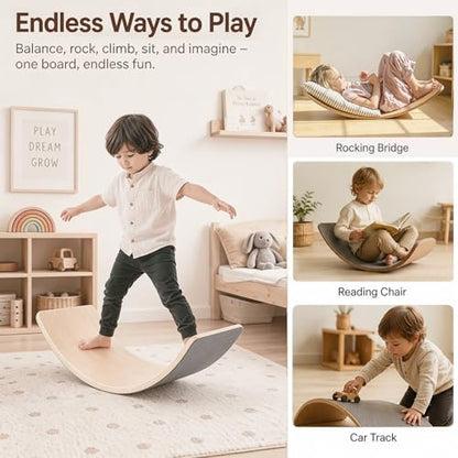 Wooden Balance Board for Kids, Montessori Wobble Board with Anti-Slip Surface, 33 Inch Natural Curved Balance Toy for Toddlers, Open-Ended Waldorf Play Equipment for Indoor Active Play, Gifts for Kids Ages 3+ Years