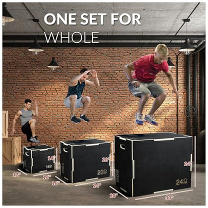 Fitvids 3 in 1 Non-Slip Wooden Plyo Box Jump Exercise Platform, Plyometric Workout Equipment for Home Gym, Training Step Box, Black, Multiple Sizes