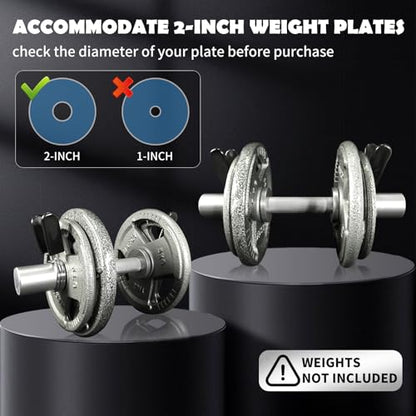 16" Olympic Dumbbell Handle, Dumbbell Bar for 2-inch Olympic Weight Plates, Loadable Dumbbells for Home Gym Strength Training, 2 Pair of Spring Collars Included - color: Silver